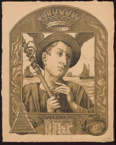 "Merkur Jahrers Regent". Mercurius als heerser van het jaar. Ontwerpen voor de "Eeuwige beeldkalender", deel II, 1901 (Immerwährender Bilderkalender) door Hans Thoma