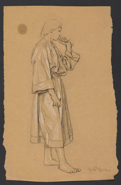 Studie eines jungen Mannes in antikisierender Kleidung, mit der linken Hand zum Kinn erhoben door Hans Thoma