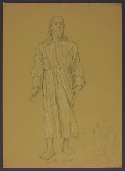 Studie der Gestalt Christi, daneben, unten, Skizze zum Gemälde "Taufe Christi" door Hans Thoma
