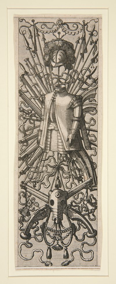 Een blad uit een set van 16 paneeldecoraties en friezen met trofeeën door Hans Vredeman de Vries