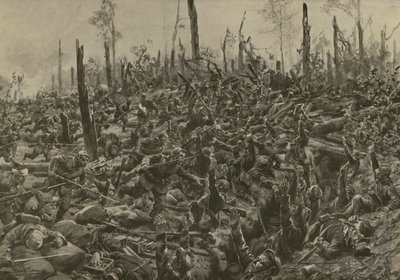 Duitse aanval op Franse blokhuizen en loopgraven in het Bois-le-Pretre na het artilleriebombardement van 5 juli 1915 door Hans W. (after) Schmidt