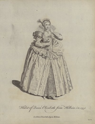 Kleding van koningin Elizabeth uit Holbein in 1551 door Hans after Holbein the Younger