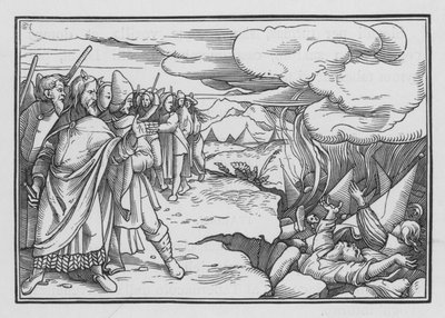 De opstand van Korach, Dathan en Abiram, Numeri XVI, 33 door Hans after Holbein the Younger