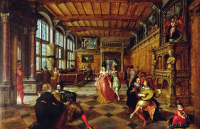 Scène van een bal in een Vlaamse interieur door Hans or Jan Vredeman de Vries