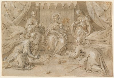 De Madonna op de troon met Sint Jan de Doper en Sint Jan de Evangelist door Hans von Aachen