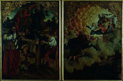 Verhalen van S.S. Petrus en Paulus altaarstuk: detail met LtoR Kruisiging van St. Petrus, St. Paulus die naar de Hemel Opstijgt door Hans von Klumbach