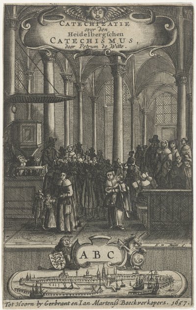 Kerkinterieur Titelpagina voor: P. de Witte, Catechizatie over den Heidelbergschen catechismus, 1657 door Harmen de Mayer