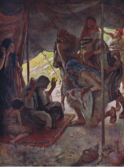 Jozefs jas gebracht naar Jacob, illustratie uit Pictures That Teach The Crown Series, 1920 door Harold Copping