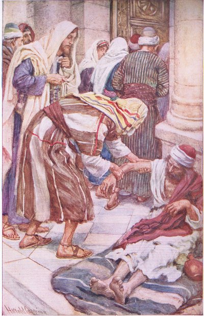 Petrus en Jacob bij de mooie poort, illustratie uit Pictures That Teach The Crown Series, 1920 door Harold Copping