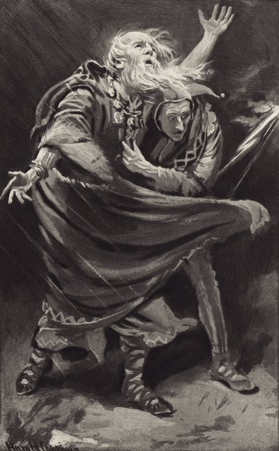 Op een heide, blootgesteld aan de woede van de storm in een donkere nacht, dwaalde koning Lear rond door Harold Copping