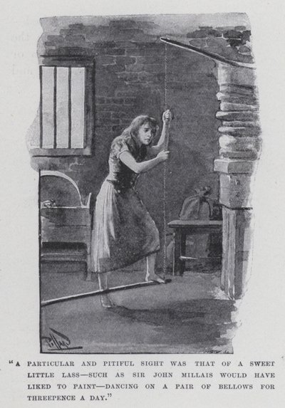"Een bijzonder en meelijwekkend gezicht was dat van een lief klein meisje, zoals Sir John Millais graag zou hebben geschilderd, dansend op een paar blaasbalgen voor driepence per dag" door Harold Hume Piffard