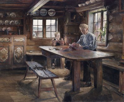 Interieur, huiswerk door Harriet Backer