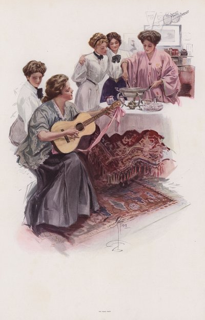 Groep jonge vrouwen die fudge maken (kleur litho) door Harrison Fisher
