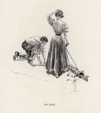 Man die caddiet voor een vrouw op de golfbaan door Harrison Fisher