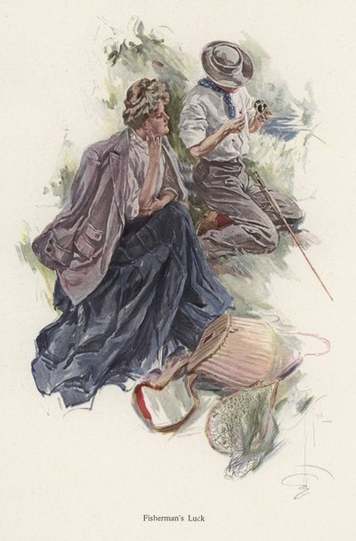 Man die vist aan de oever van een rivier terwijl een vrouw toekijkt (kleur litho) door Harrison Fisher