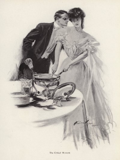 Man die flirt met een vrouw aan de eettafel (litho) door Harrison Fisher