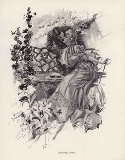 Man die een vrouw kust in een tuin (litho) door Harrison Fisher