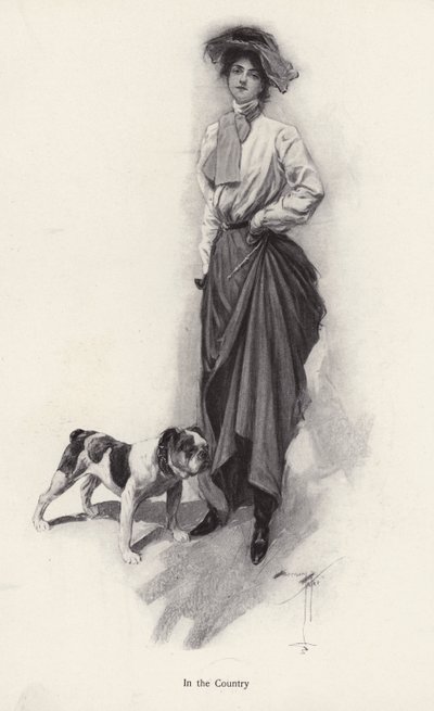Portret van een vrouw gekleed voor het platteland met haar bulldog door Harrison Fisher