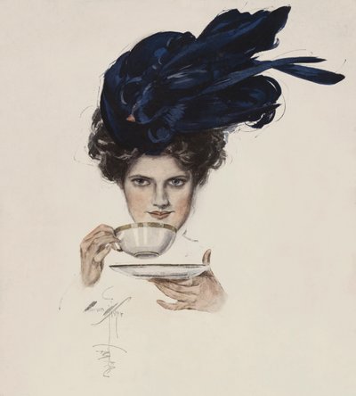 Portret van een vrouw met een chique hoed die thee drinkt door Harrison Fisher
