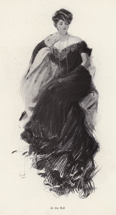 Vrouw in een avondjurk op een bal (litho) door Harrison Fisher