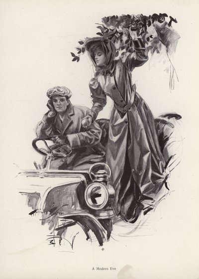Vrouw die appels plukt vanuit een auto (litho) door Harrison Fisher
