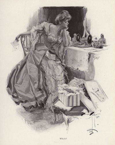 Jonge vrouw die tussen twee vrijers kiest (litho) door Harrison Fisher