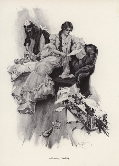 Jonge vrouw die een boeket bloemen en een brief van een bewonderaar ontvangt (litho) door Harrison Fisher