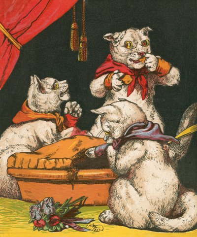 Stoute kittens eten taart in hun wanten door Harrison William Weir