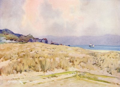 Golfbanen: Aberdovey, het dorp vanaf de tweede tee door Harry (1878 1950) Rountree