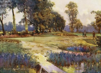Golfbanen: Romford, de zesde green door Harry (1878 1950) Rountree