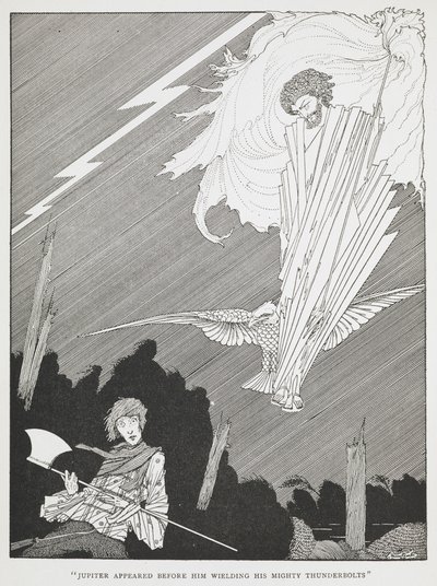 "Jupiter verscheen voor hem met zijn machtige bliksemschichten." Illustratie voor "de belachelijke wensen." door Harry Clarke