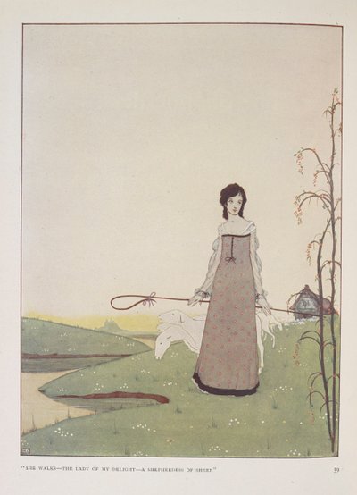 "Ze wandelt - de dame van mijn vreugde - een herderin van schapen." Illustratie voor De herderin door Alice Meynell. door Harry Clarke