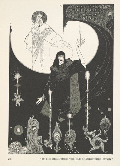 Het meisje met de zwavelstokjes. In de helderheid stond de oude grootmoeder door Harry Clarke