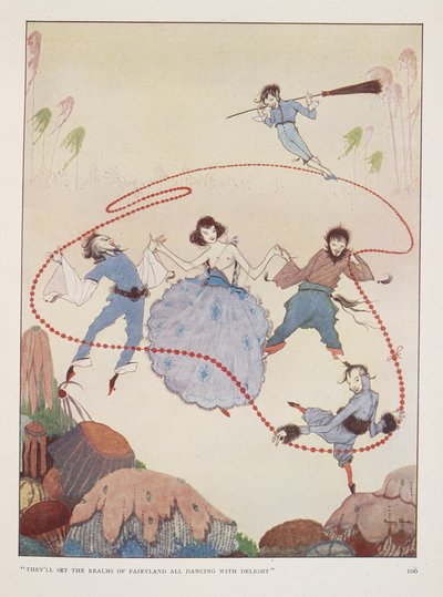 "Ze zullen het rijk van het sprookjesland laten dansen van vreugde". Illustratie voor Alms in autumn door Rose Fyleman. Figuren dansen in de lucht. door Harry Clarke