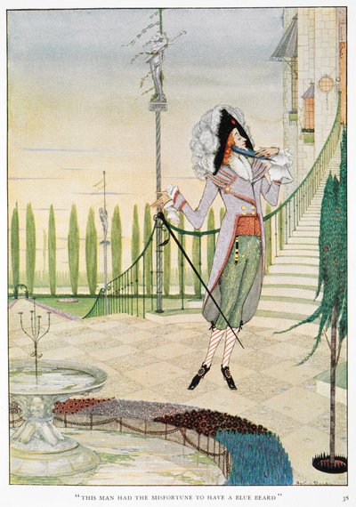 Deze man had het ongeluk een Blauwe Baard te hebben. Blauwbaard streelt zijn baard. door Harry Clarke