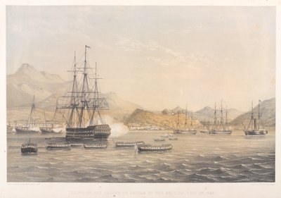 De verovering van het eiland Chusan door de Britten, 5 juli 1840 (gekleurde lithografie) door Harry Francis Darell