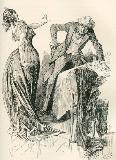Edith en Mr. Carker. "Hij kwam vrolijk naar haar toe, toen ze in een oogwenk het mes van de tafel pakte en een stap achteruit deed. "Blijf staan," zei ze, "of ik vermoord je!" Illustratie voor de roman van Charles Dickens door Harry Furniss