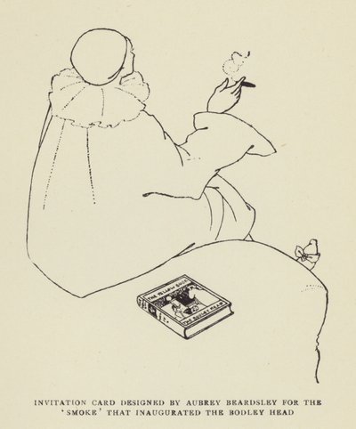 Uitnodigingskaart ontworpen door Aubrey Beardsley voor de Smoke die het Bodley Head inluidde door Harry Furniss