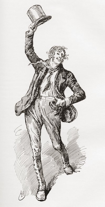 Mark Tapley. Illustratie door Harry Furniss voor de roman Martin Chuzzlewit van Charles Dickens, uit The Testimonial Edition, uitgegeven 1910. door Harry Furniss
