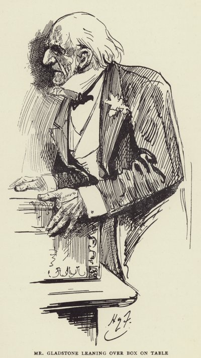 Mr Gladstone leunt over Doos op Tafel door Harry Furniss