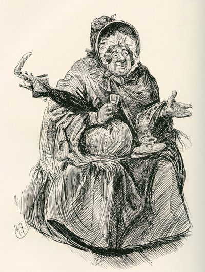 Mrs. Gamp. Illustratie voor de roman Martin Chuzzlewit van Charles Dickens, uit The Testimonial Edition, gepubliceerd in 1910. door Harry Furniss