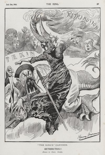 Vergelding, cartoon over de Bokseropstand in China (gravure) door Harry Furniss