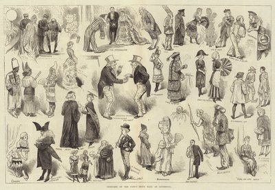 Schetsen van het gemaskerd bal in Liverpool door Harry Furniss