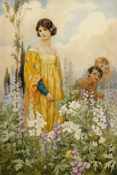 Een jong meisje met Pan en Cupido, in een wilde tuin (potlood en aquarel op papier) door Harry George Theaker
