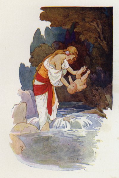Achilles terwijl Thetis het kind onderdompelt, ze houdt hem bij één hiel vast (kleurenlitho) door Harry George Theaker