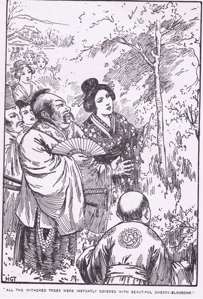 Alle verdorde bomen waren meteen bedekt met prachtige kersenbloesem (The Old Man who made Withered Trees Blossom) (litho) door Harry George Theaker
