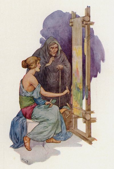 Arachne wordt in een spin veranderd door een vermomde Minerva (kleurenlitho) door Harry George Theaker