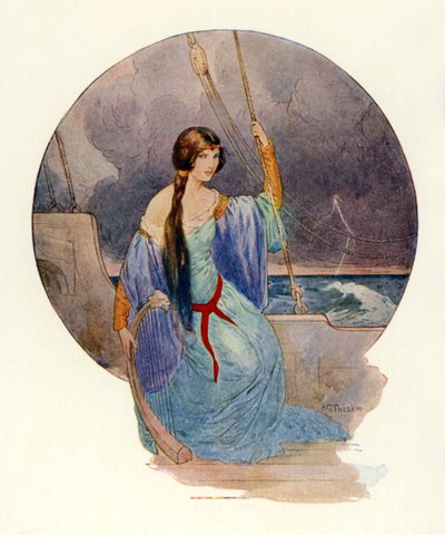 "Tenslotte, toen een felle bliksemflits het hele schip in blauwe vlammen hulde, hield het gezang plotseling op" (kleurenlitho) door Harry George Theaker