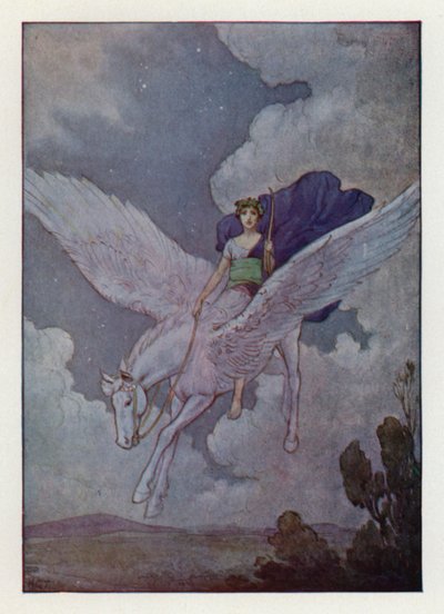 Bellerophon en zijn paard met zilveren vleugels (kleurenlitho) door Harry George Theaker