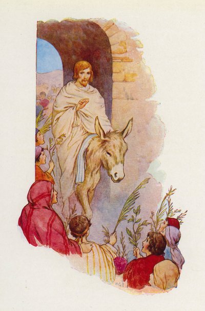 "Gezegend is hij die komt in de naam van de Heer" (kleurenlitho) door Harry George Theaker